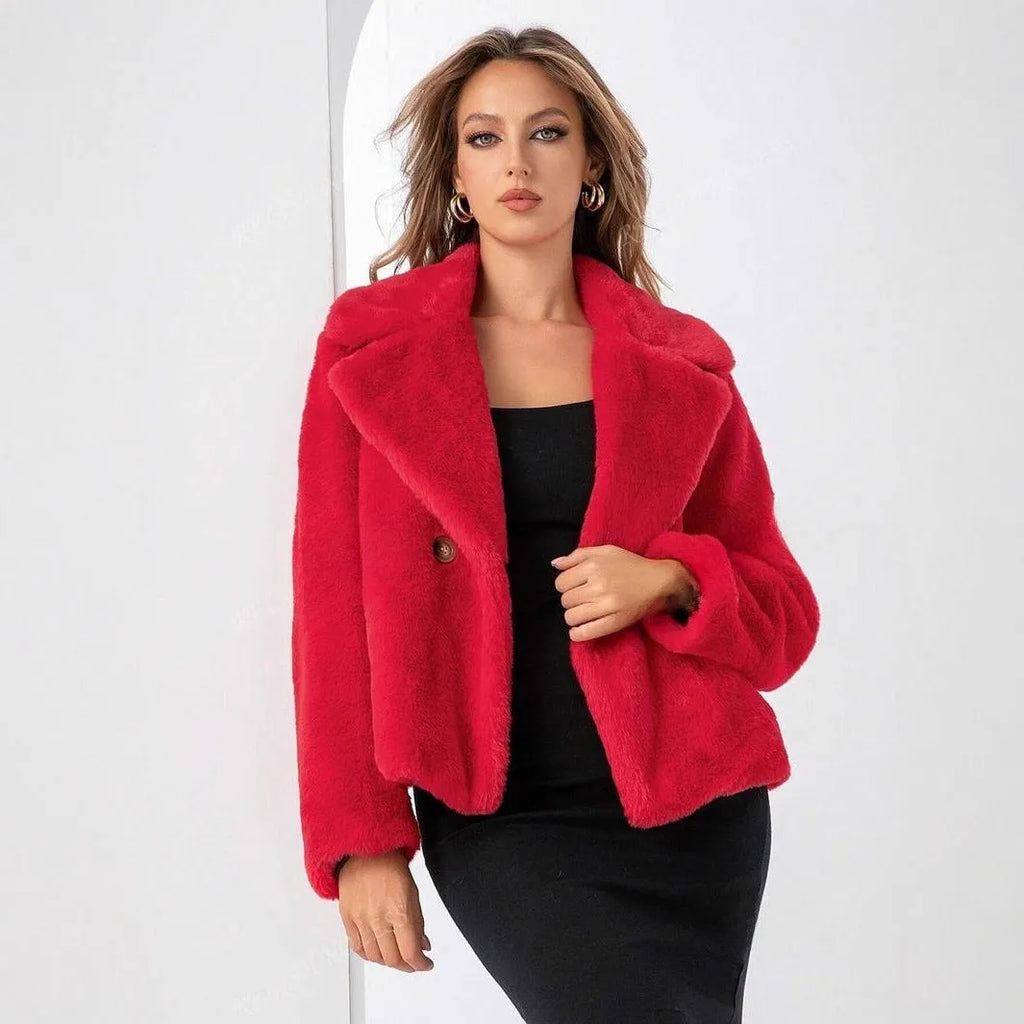 Women's artificial fur fashion coat in rose red with regular sleeves