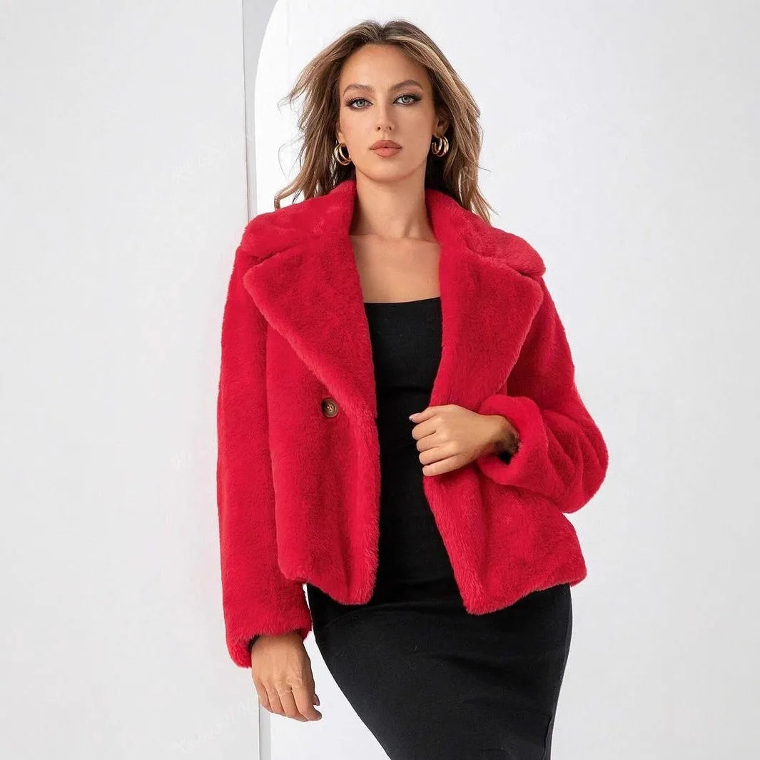 Women's artificial fur fashion coat in rose red with regular sleeves