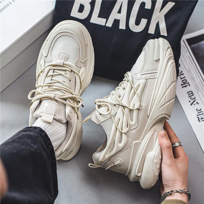 Men's beige sneaker with mesh and PU leather upper, round toe design and rubber sole